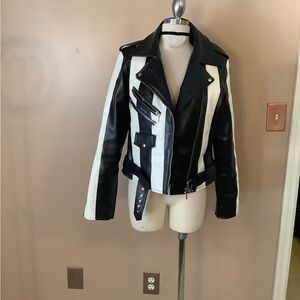 Killstar Vegan Leather Black White Stripe Beetlejuice Motorcycle Jacket Coat LG